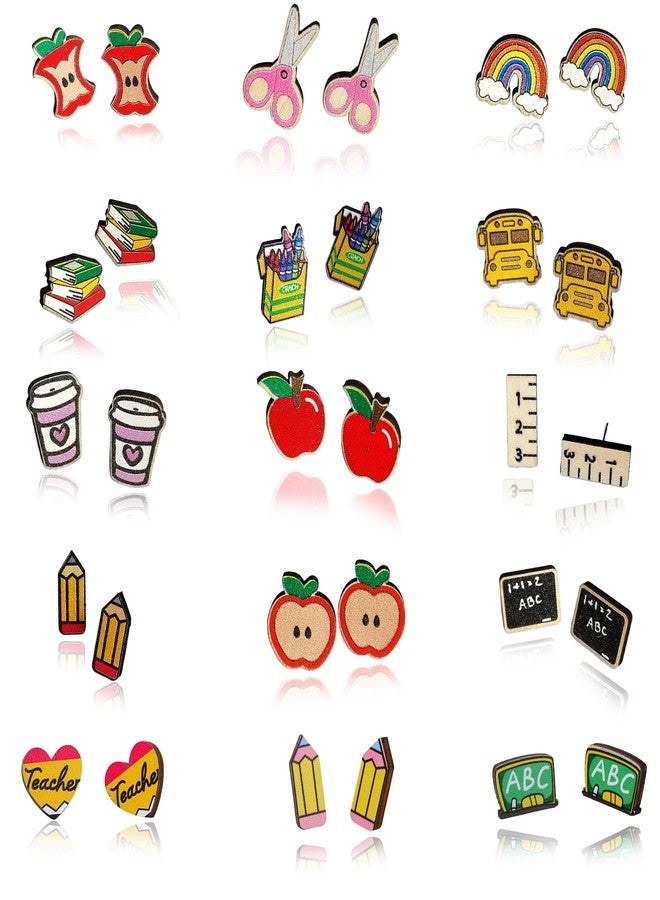 SANDOO 15 Pairs Back to School Earrings for Teachers - Wooden Cute Pencil Crayon Ruler Apple Book Earrings, Bulk Teacher Jewelry for Women, Teacher Appreciation Gift - Image 1